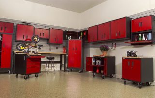 This image shows a custom garage cabinet. The cabinet has a combination of red and black colors.