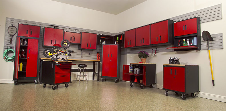 This image shows a custom garage cabinet. The cabinet has a combination of red and black colors.