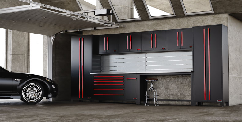 This image shows a custom garage cabinet. A car can also be seen.